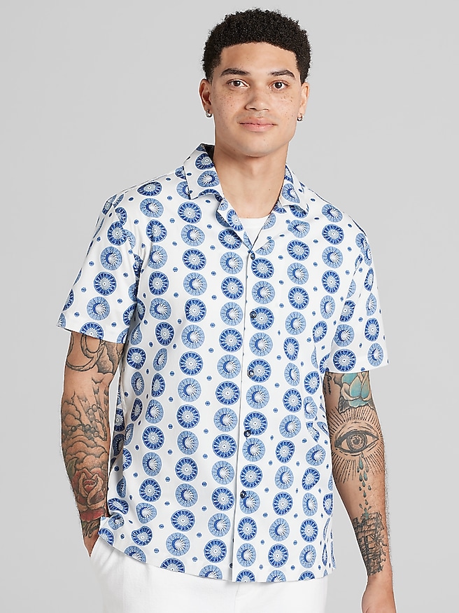 Paisley & Gray Men's Slim Fit Sun & Moon Camp Shirt , White