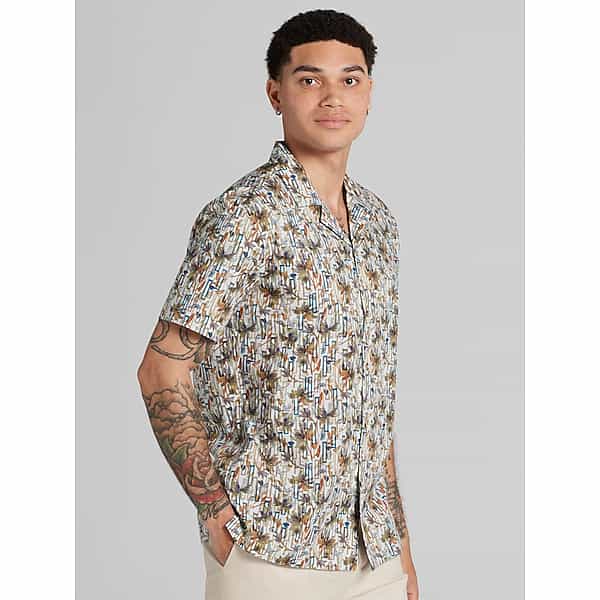 Paisley & Gray Men's Slim Fit Camp Shirt Brown And Olive - Size: Small TMW6BWF10056