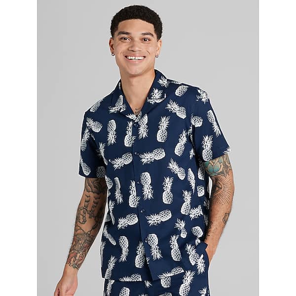Paisley & Gray Big & Tall Men's Slim Fit Pineapple Short Sleeve Camp Shirt Navy - Size: XXL TMW6BWL50001