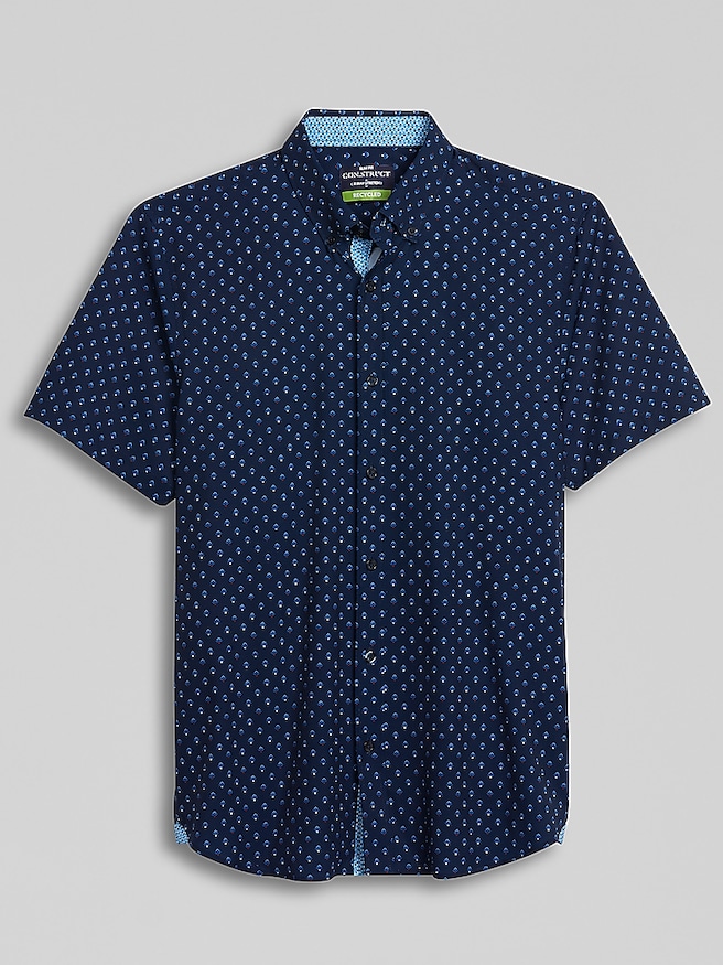 Con.Struct Men's Slim Fit Performance 4-Way Stretch Short Sleeve Button Up Shirt , Navy / Blue
