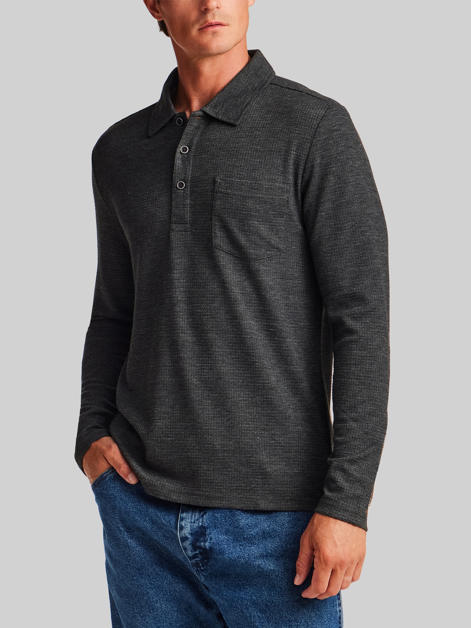 Regular Fit Stretch Waffle Long Sleeve Polo Shirt