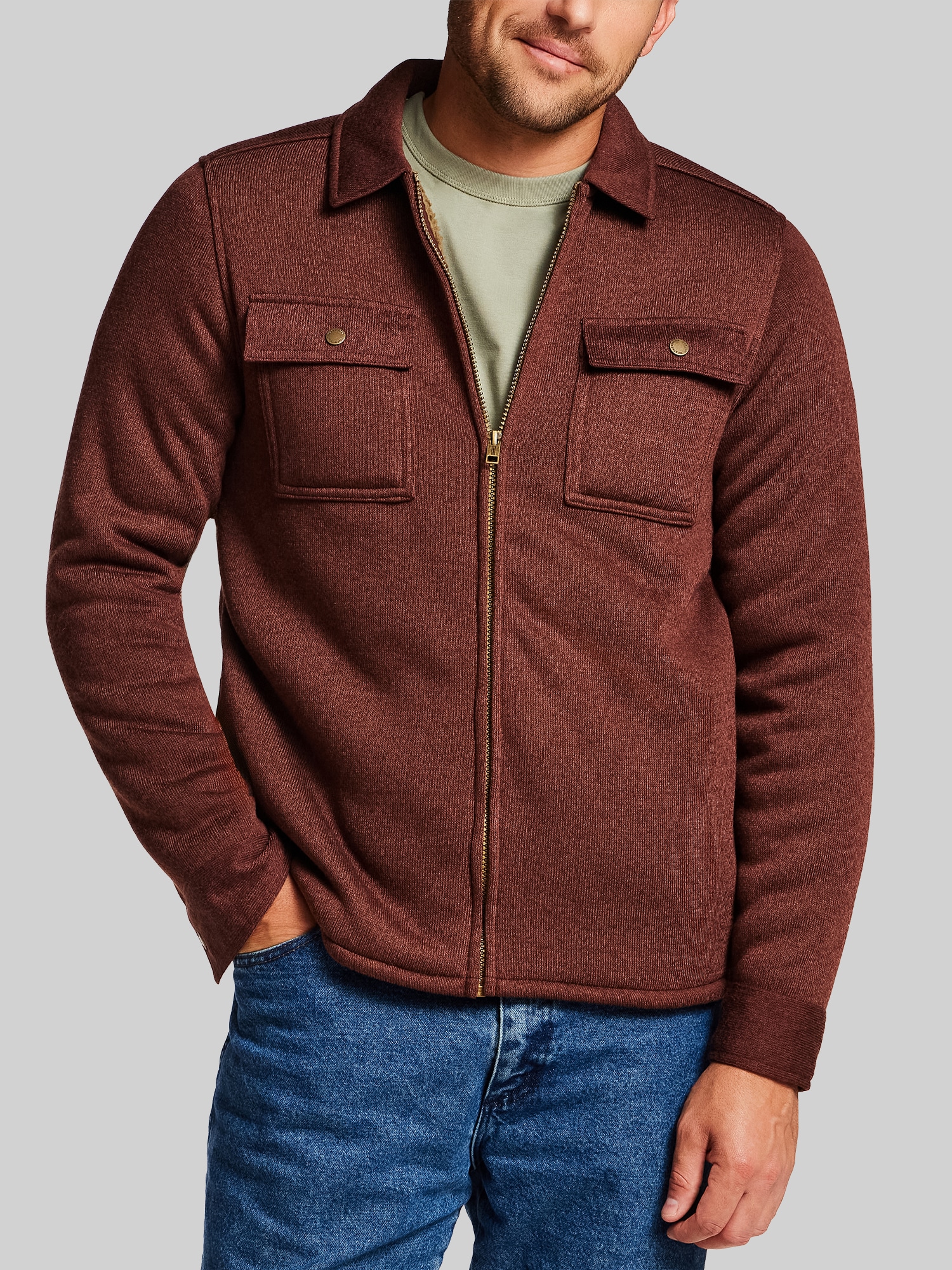Faux Sherpa-Lined Sweaterfleece Shirt Jacket