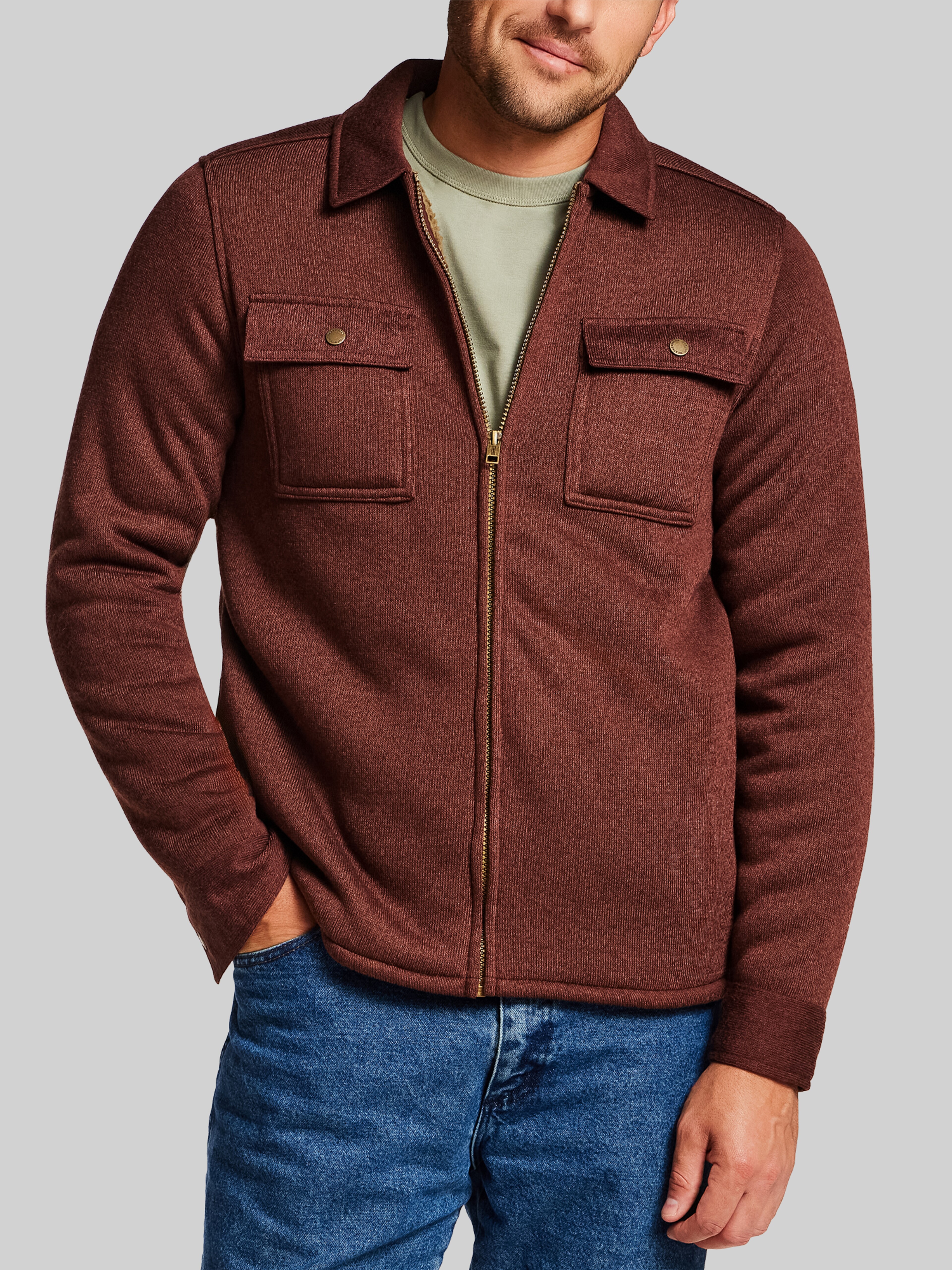 Faux Sherpa-Lined Sweaterfleece Shirt Jacket