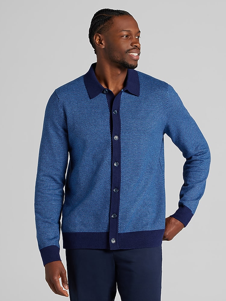 Joseph Abboud Modern Fit Jacquard Shirt Front Sweater, Navy - Blue