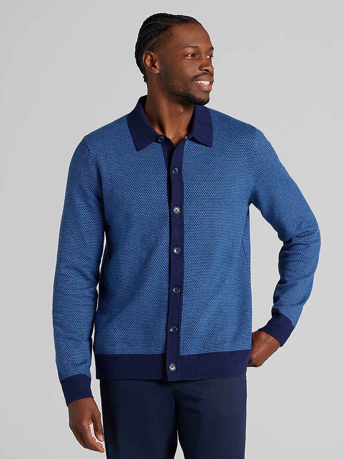 Joseph Abboud Modern Fit Jacquard Shirt Front Sweater, Navy - Blue