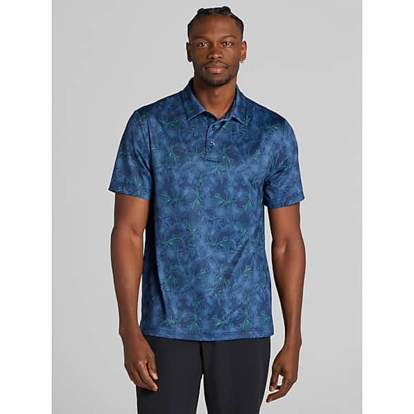 PGA TOUR Mens Regular Fit Linear Botanical Print Short Sleeve Golf Polo Peacoat - Size: Medium