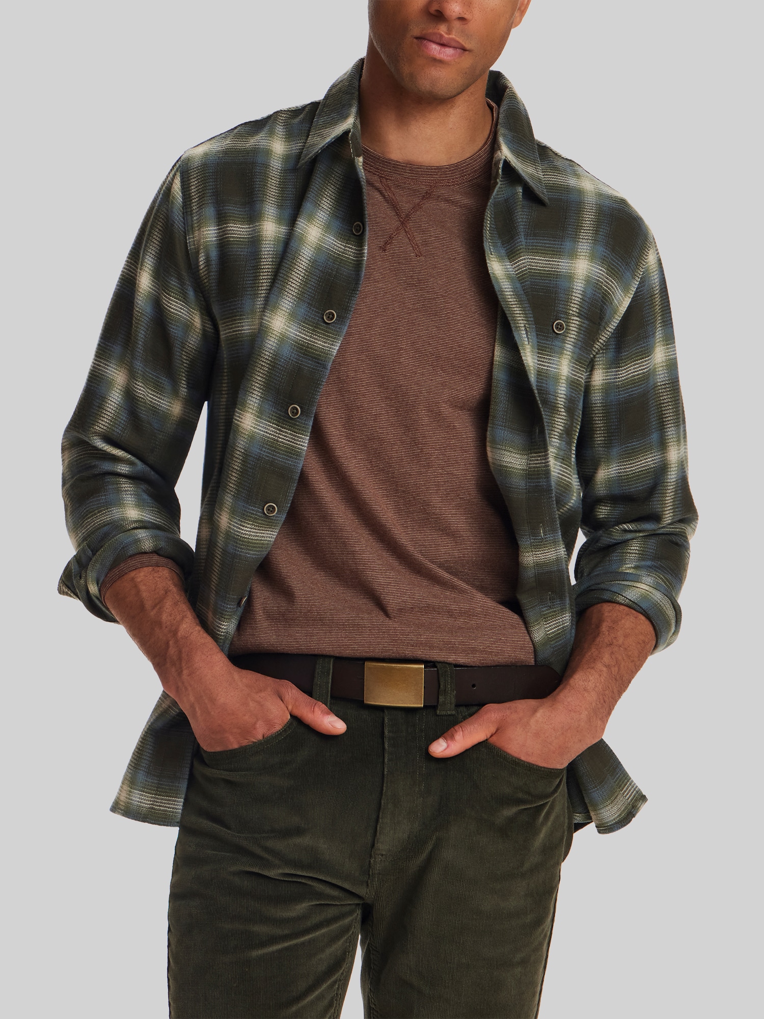 Regular Fit Waffle-Texture Flannel Button Up Shirt