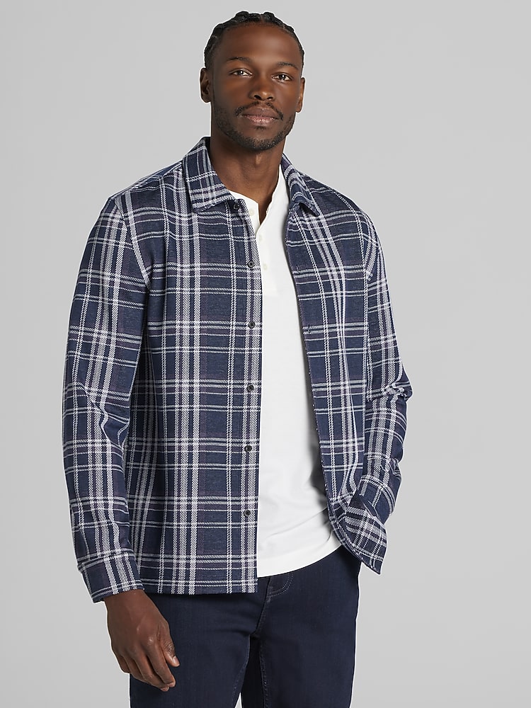 Joseph Abboud Modern Fit Plaid Knit Overshirt, Indigo Plaid - Blue