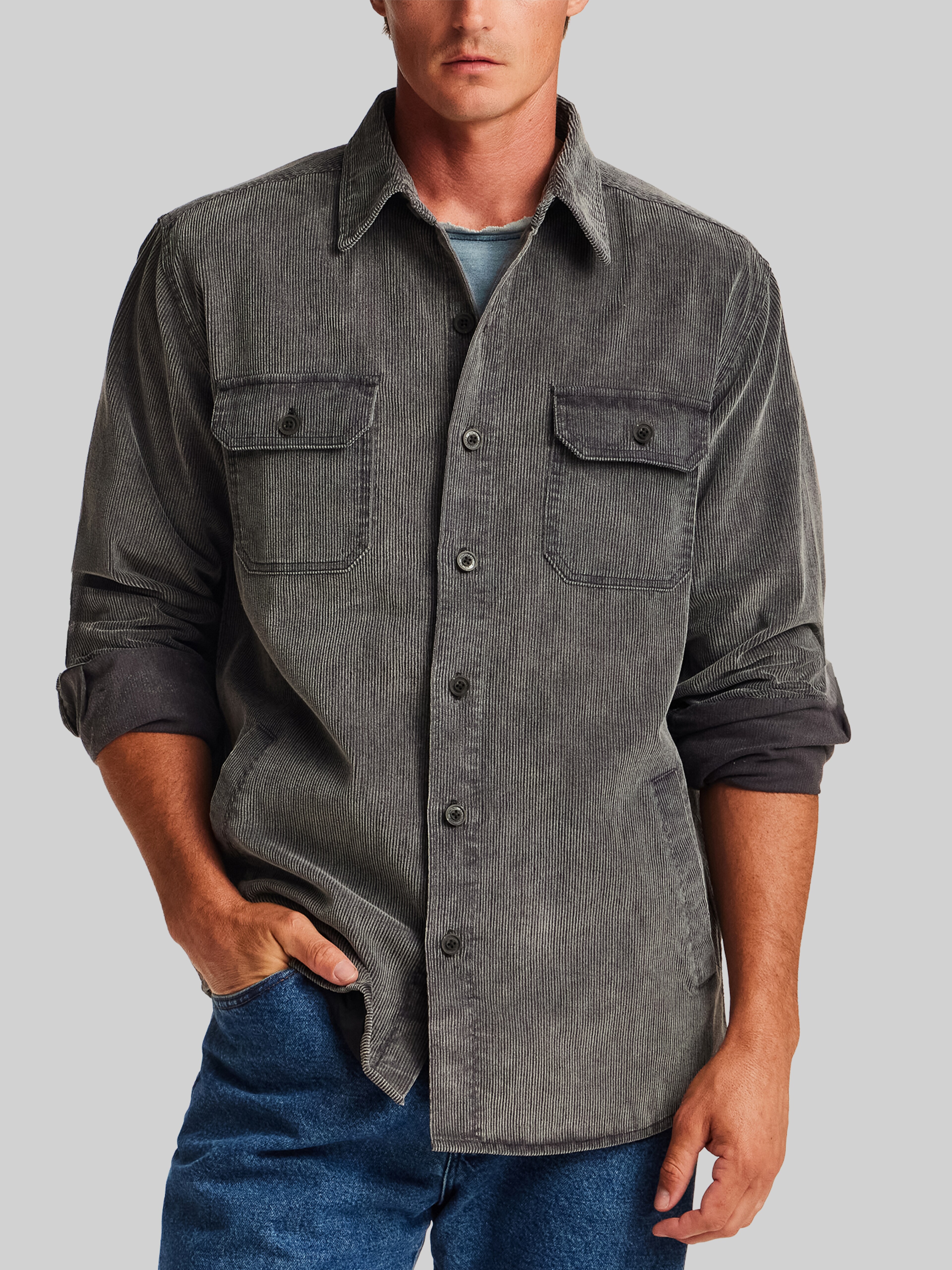 Regular Fit Distressed Corduroy Overshirt