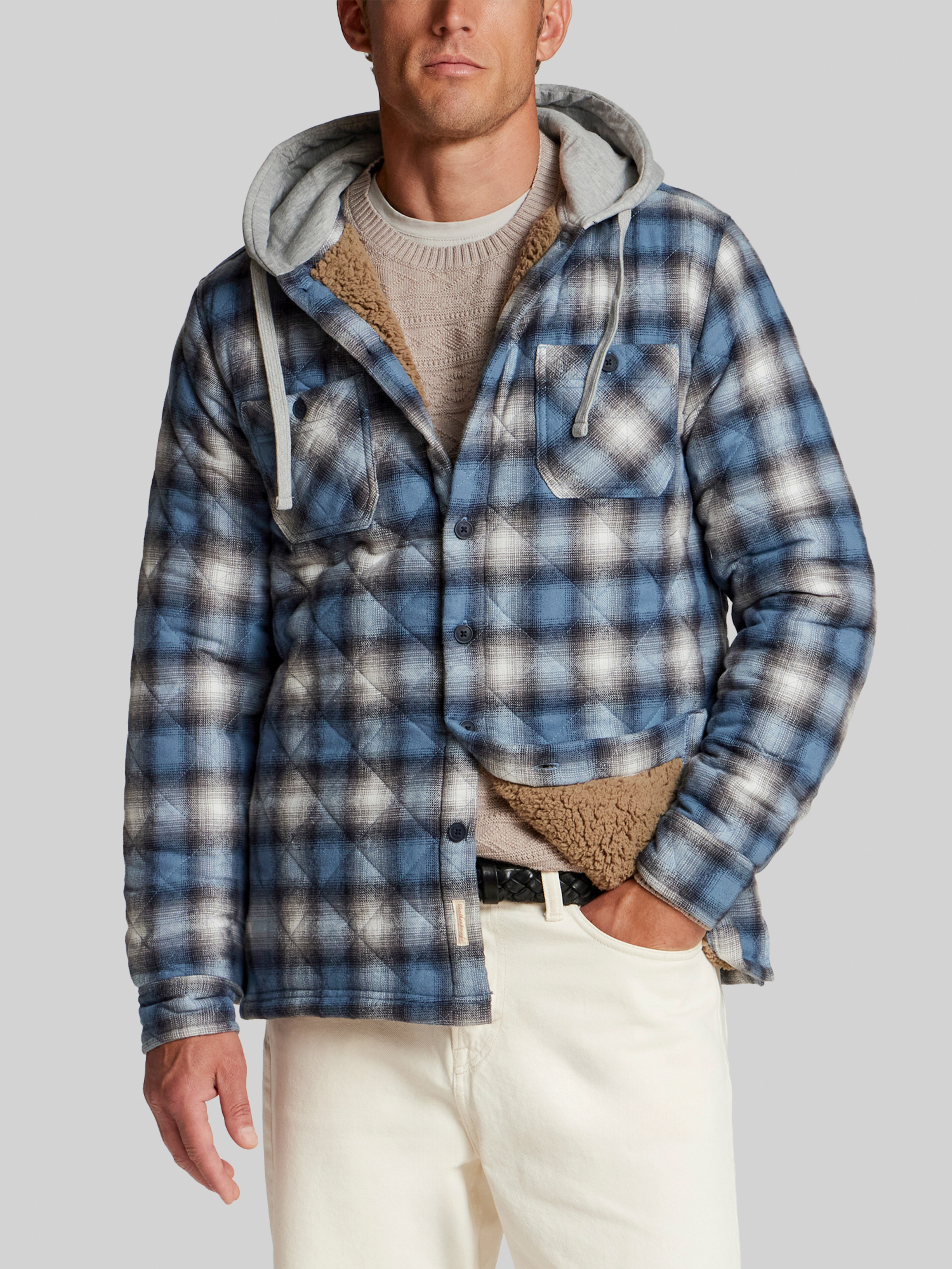 Quilted Faux Sherpa-Lined Hooded Shirt Jacket