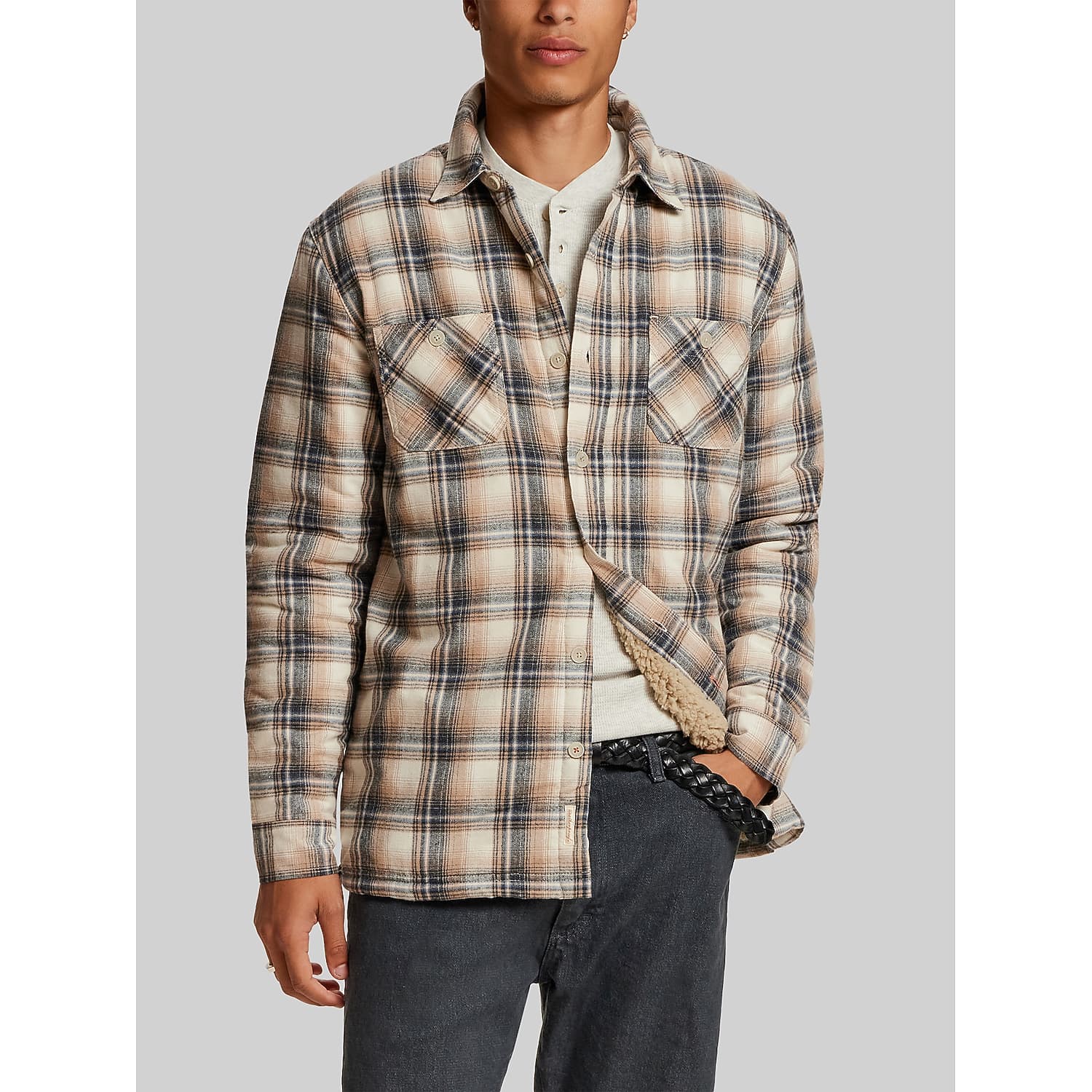 Weatherproof Vintage Men’s Sherpa Lined Flannel Shirt Jacket in Wheat Tan – Regular Fit Button Front, Size XL