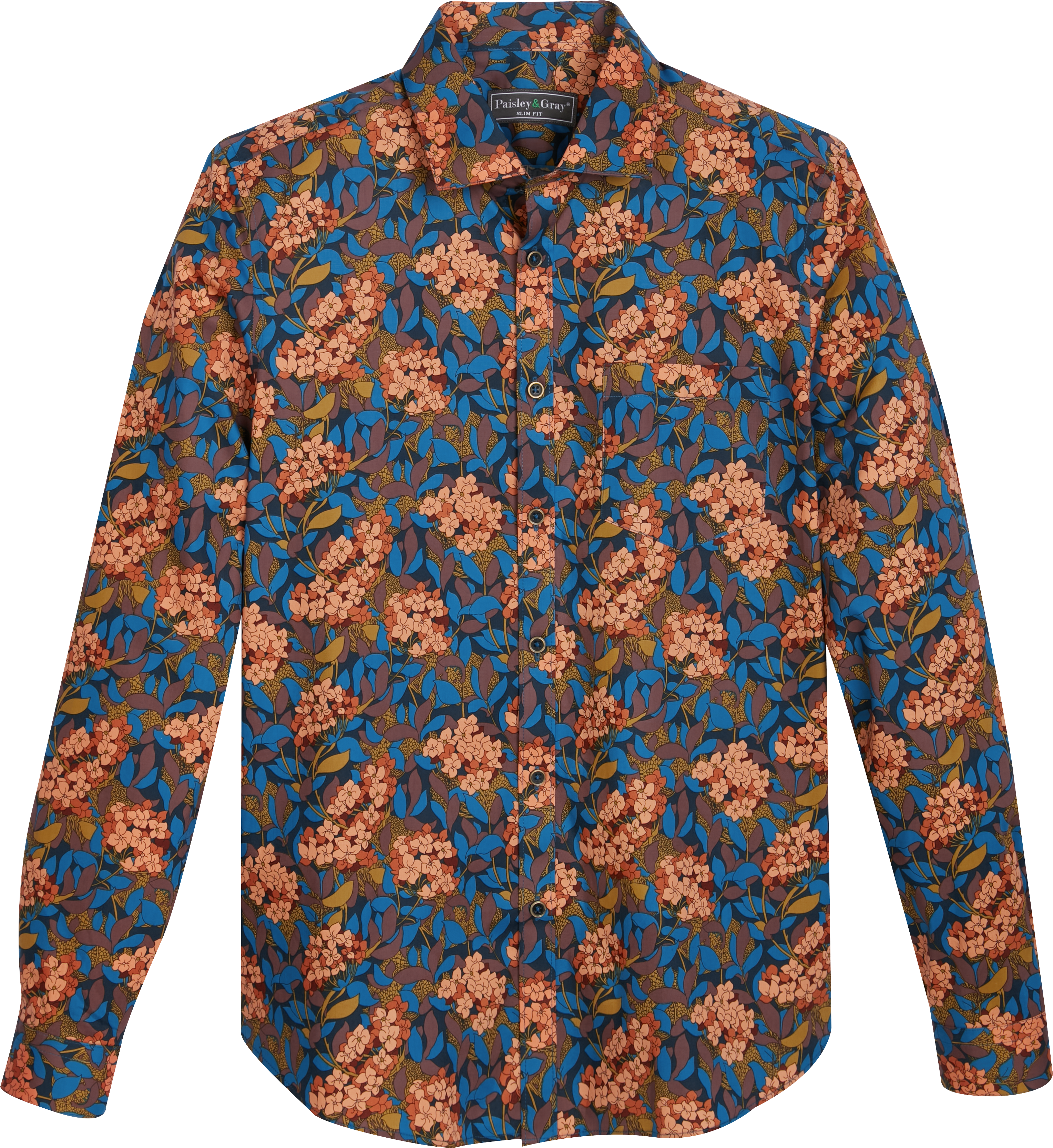 Men's Blue & Orange Paisley Slim Shirt - High Collar