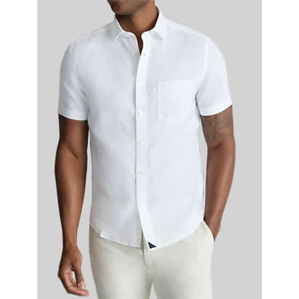 Untuckit Men's Cameron Slim Fit Wrinkle-Resistant Linen Short Sleeve Woven Button Up Shirt White