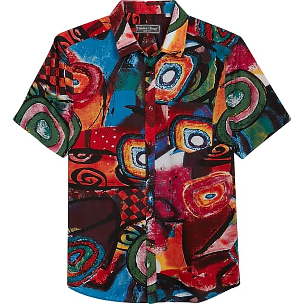 80s Men’s Shirts, T-shirts, Memphis Shirts, Rugby Paisley  Amp Gray Mens Paisley  Gray Slim Fit Spread Collar Sport Shirt Color Pop Art - Size Large $44.99 AT vintagedancer.com