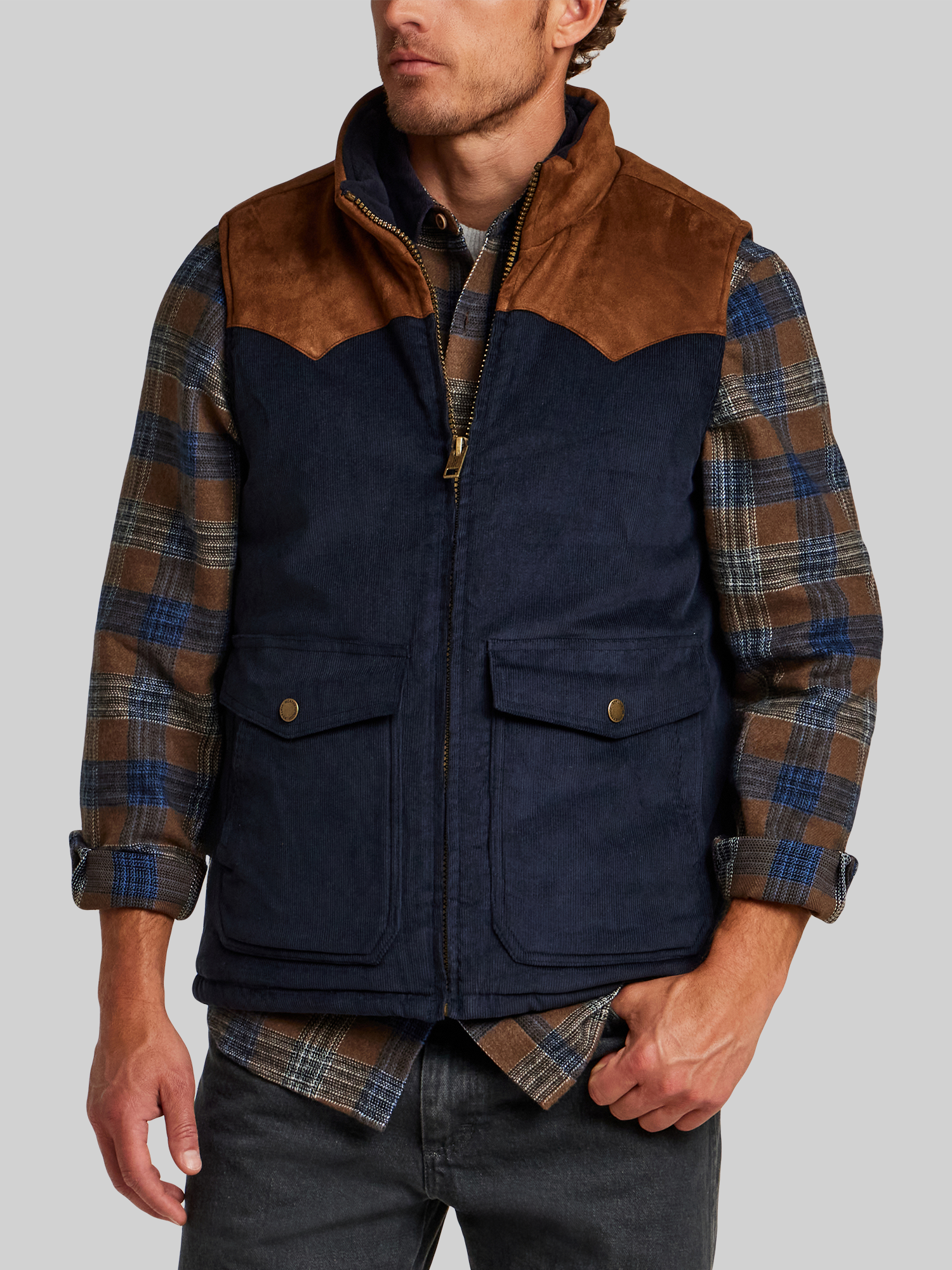 Mixed Media Suede Corduroy Western Vest