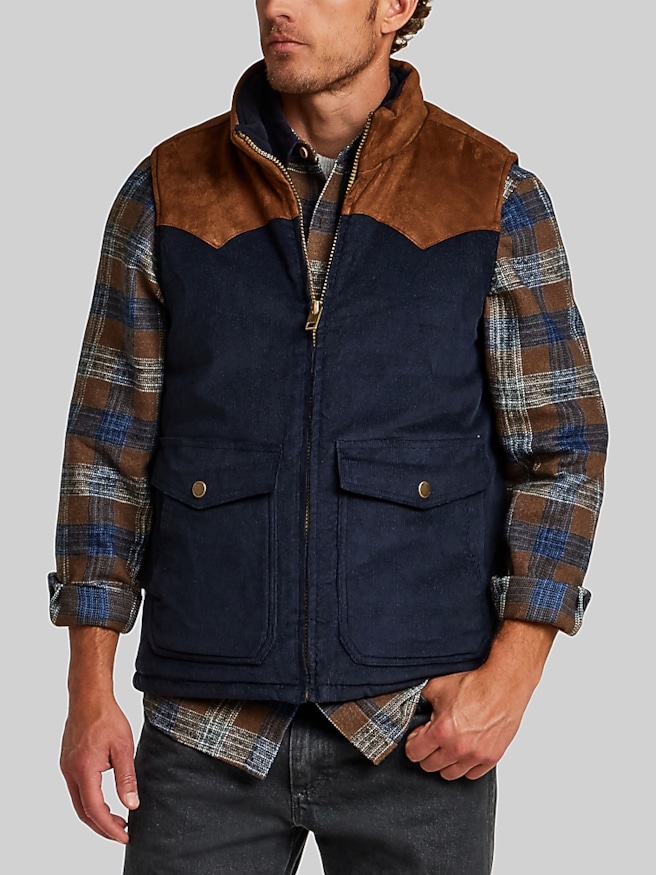 Weatherproof Vintage Mixed Media Suede Corduroy Western Vest Brown Navy