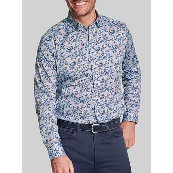 Johnston & Murphy Men's Regular Fit Logan Printed Button Up Shirt Tan Multi