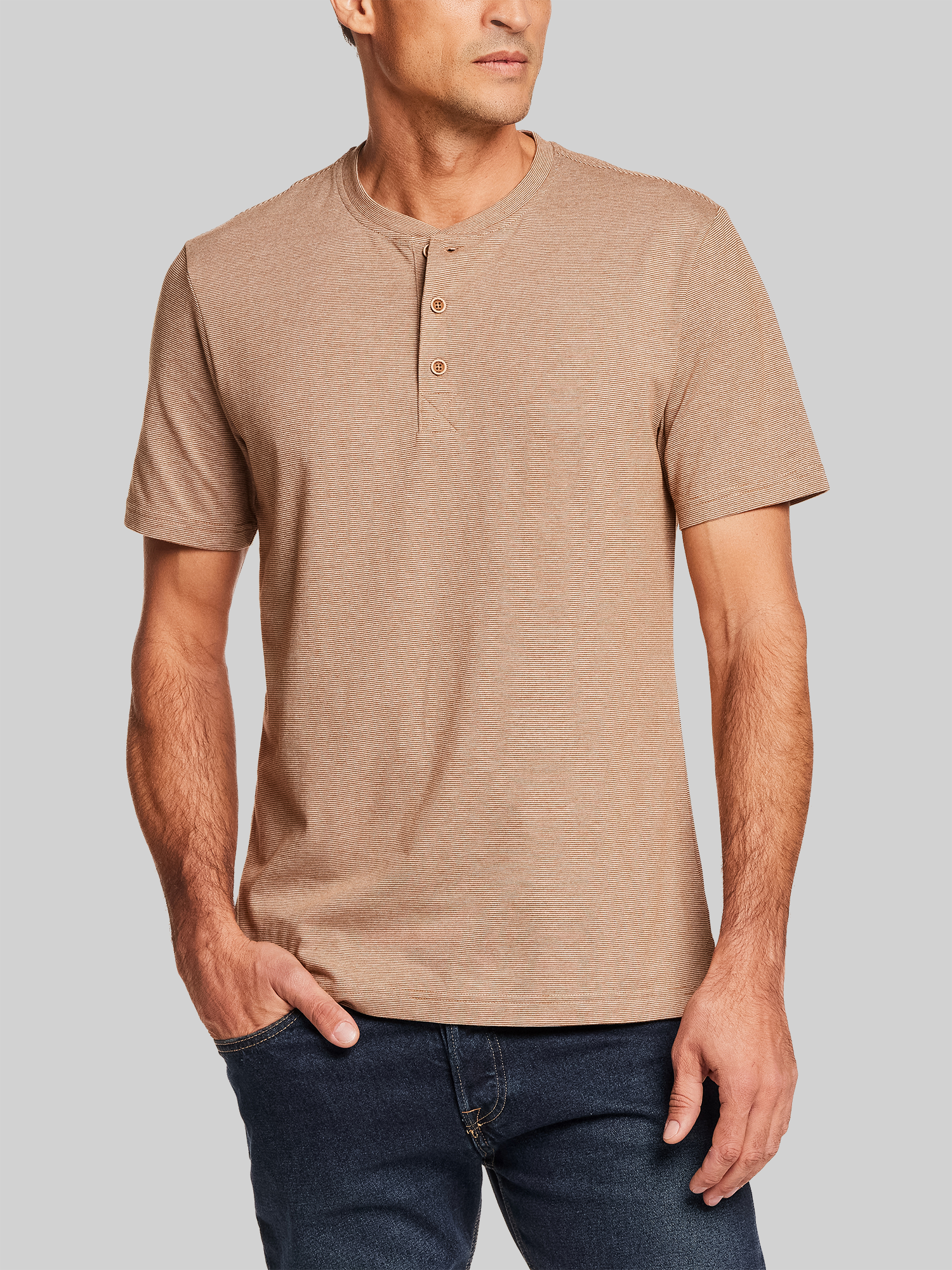 Regular Fit Suede Microstripe Short Sleeve Henley
