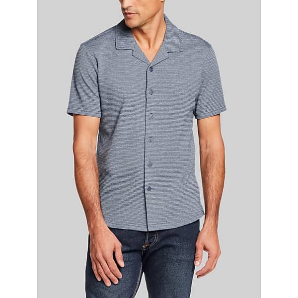 Weatherproof Vintage Mens Regular Fit Variegated Microstripe Coat-Front Short Sleeve Shirt Navy - Size: Medium