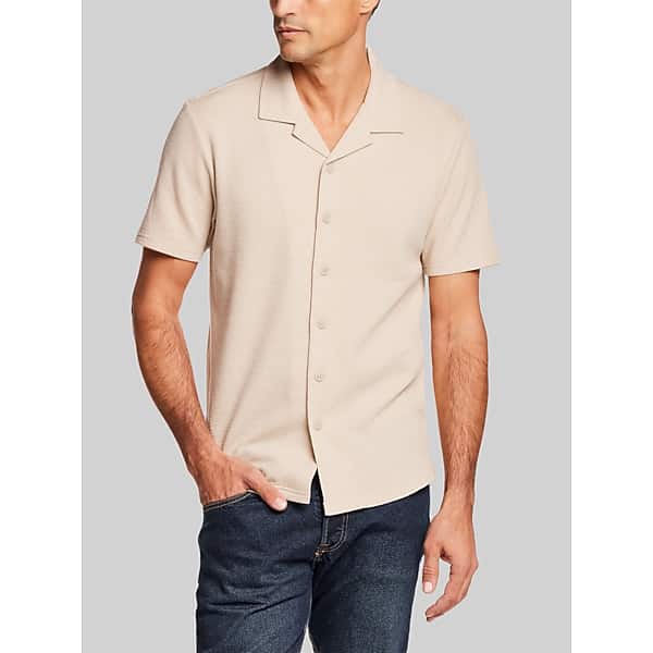 Weatherproof Vintage Mens Regular Fit Variegated Microstripe Coat-Front Short Sleeve Shirt Tan - Size: Small