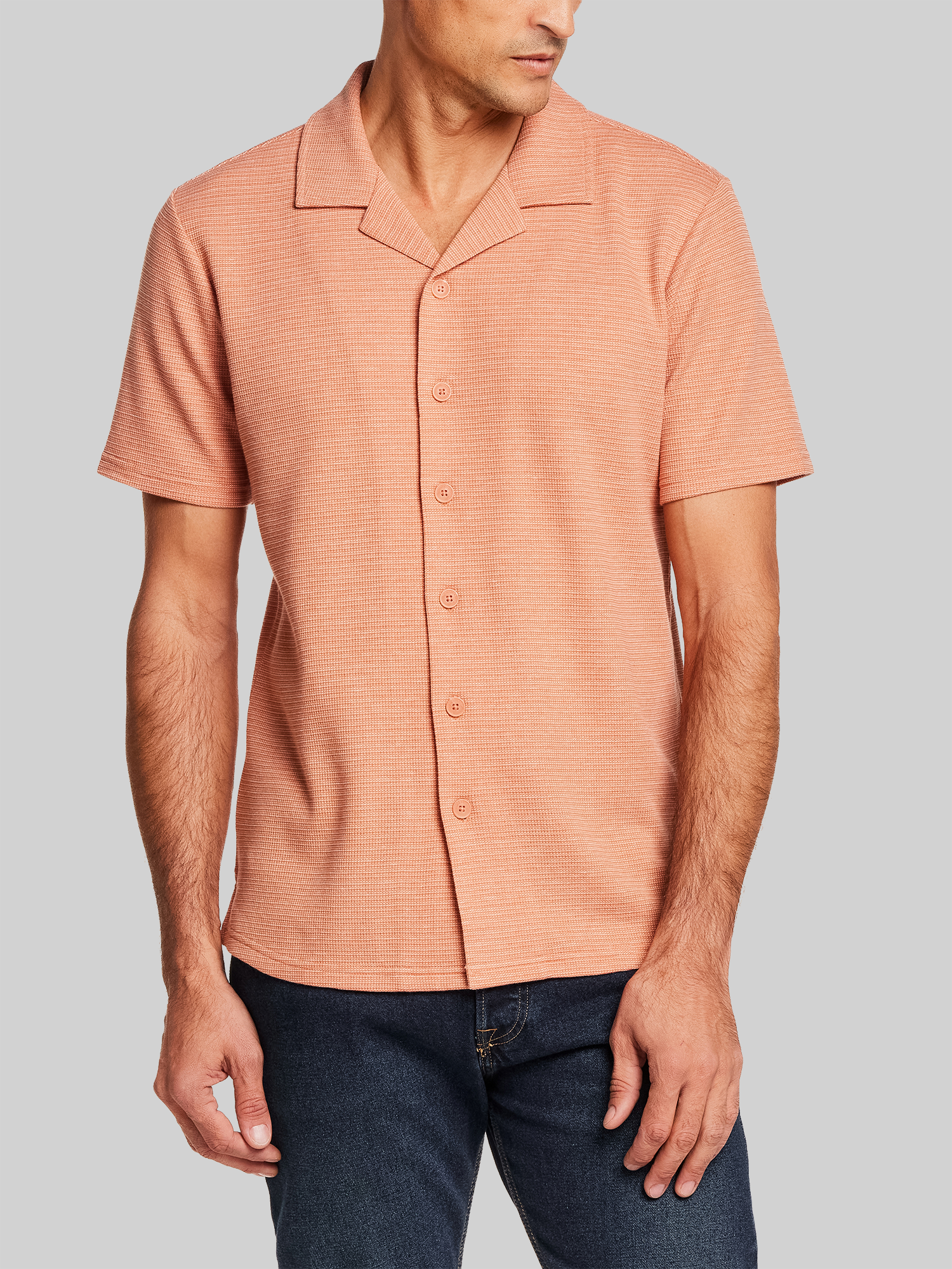 Regular Fit Variegated Microstripe Coat-Front Short Sleeve Shirt