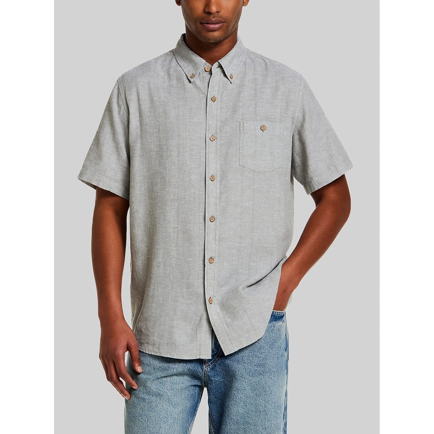 Weatherproof Vintage Light Green Linen Cotton Short Sleeve Shirt – Regular Fit Men’s Dobby Stripe Casual Button-Down Top, Size ___