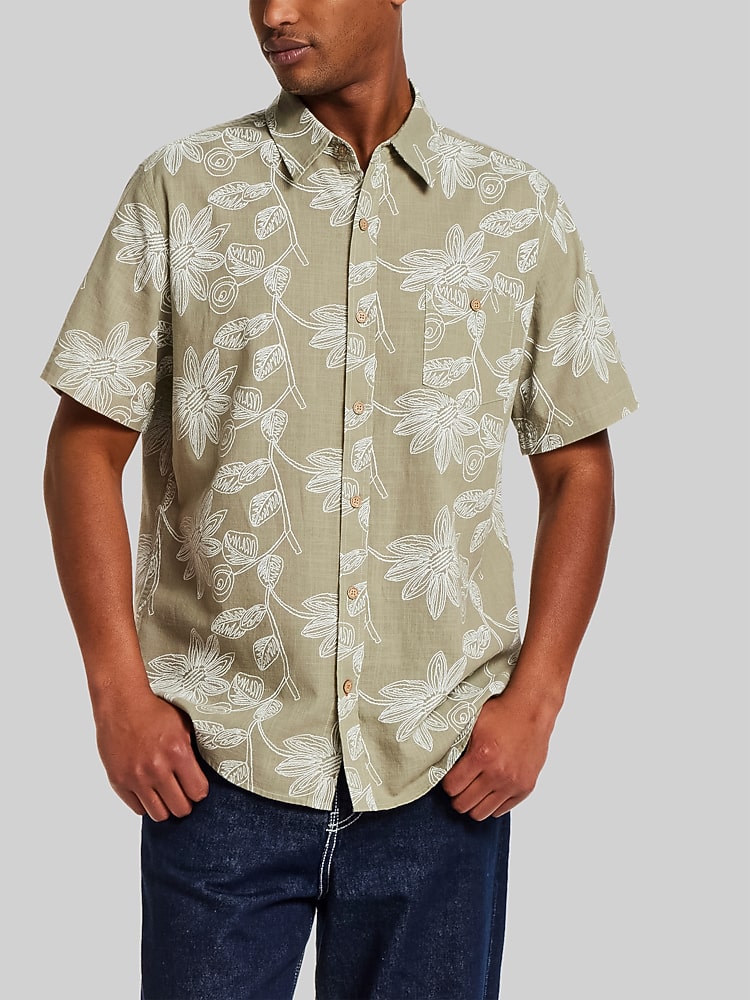 100% Cotton Linen-Texture Shirt in Sea Grass, MED / Sea Grass