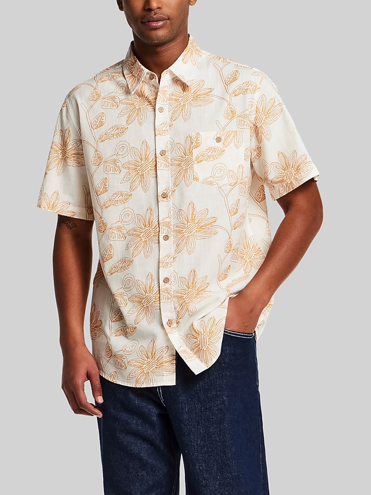 mens yellow floral dress shirt Black Yellow Floral Long Sleeve Men Button Up Shirt, Leaves Flowers Print Casual Buttoned Collared Designer Guys Dress Shirt Chest Pocket M