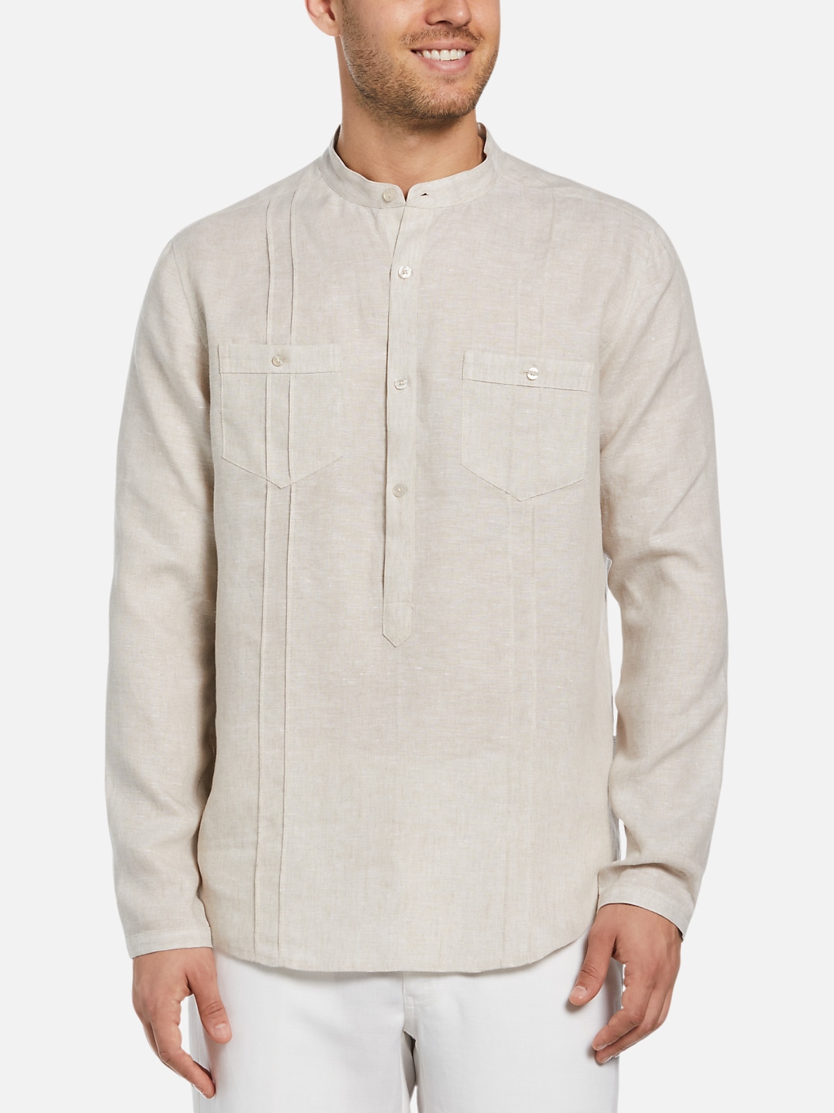 CUBAVERA L/S LINEN POPOVER WITH BANDED COLLAR