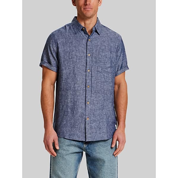 Weatherproof Vintage Mens Regular Fit Solid Linen Woven Short Sleeve Shirt Navy