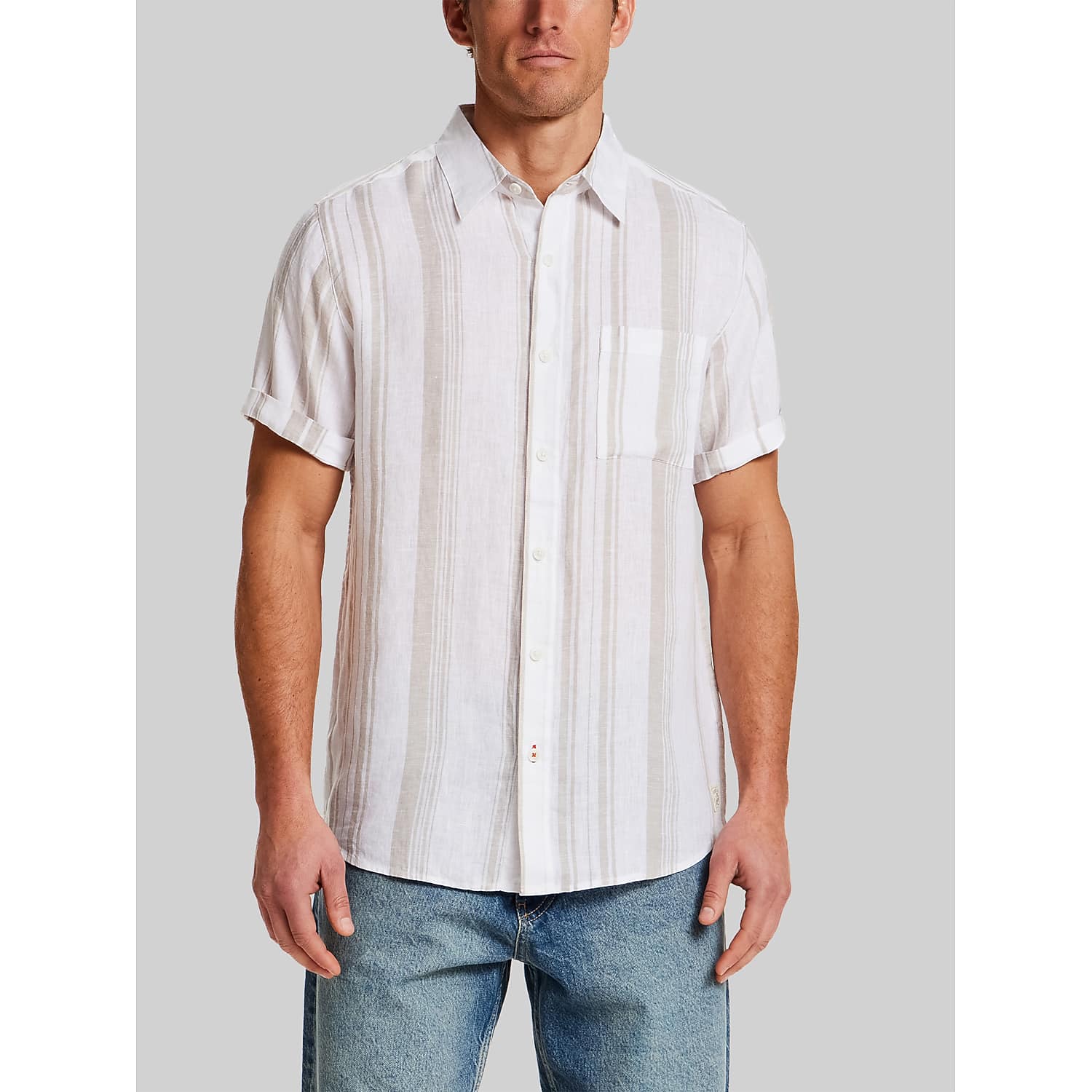 Weatherproof Vintage Men’s Regular Fit 100% Linen Short Sleeve Button-Front Shirt in Tan – Casual Summer Woven Top