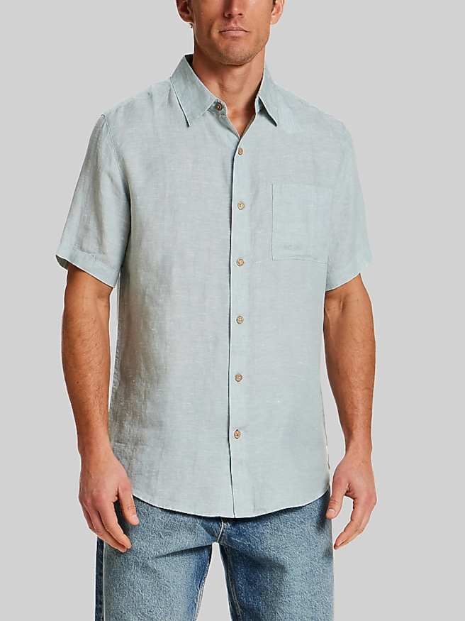 Men's Regular Fit Solid Linen Woven Short Sleeve Shirt