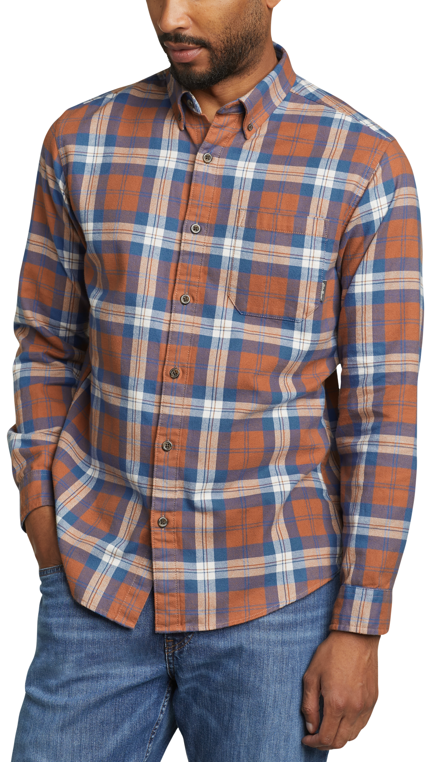 Eddie Bauer Shirt Mens L Orange Plaid Pocket Button Down Cotton outdoors
