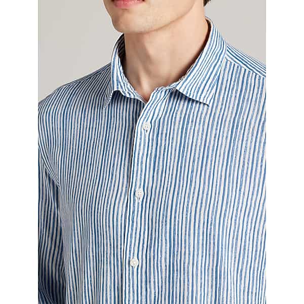 Joseph Abboud Modern Fit Linen Blend Stripe Button-Up Shirt in White/Blue – Men’s Medium Long-Sleeve Casual Dress Shirt