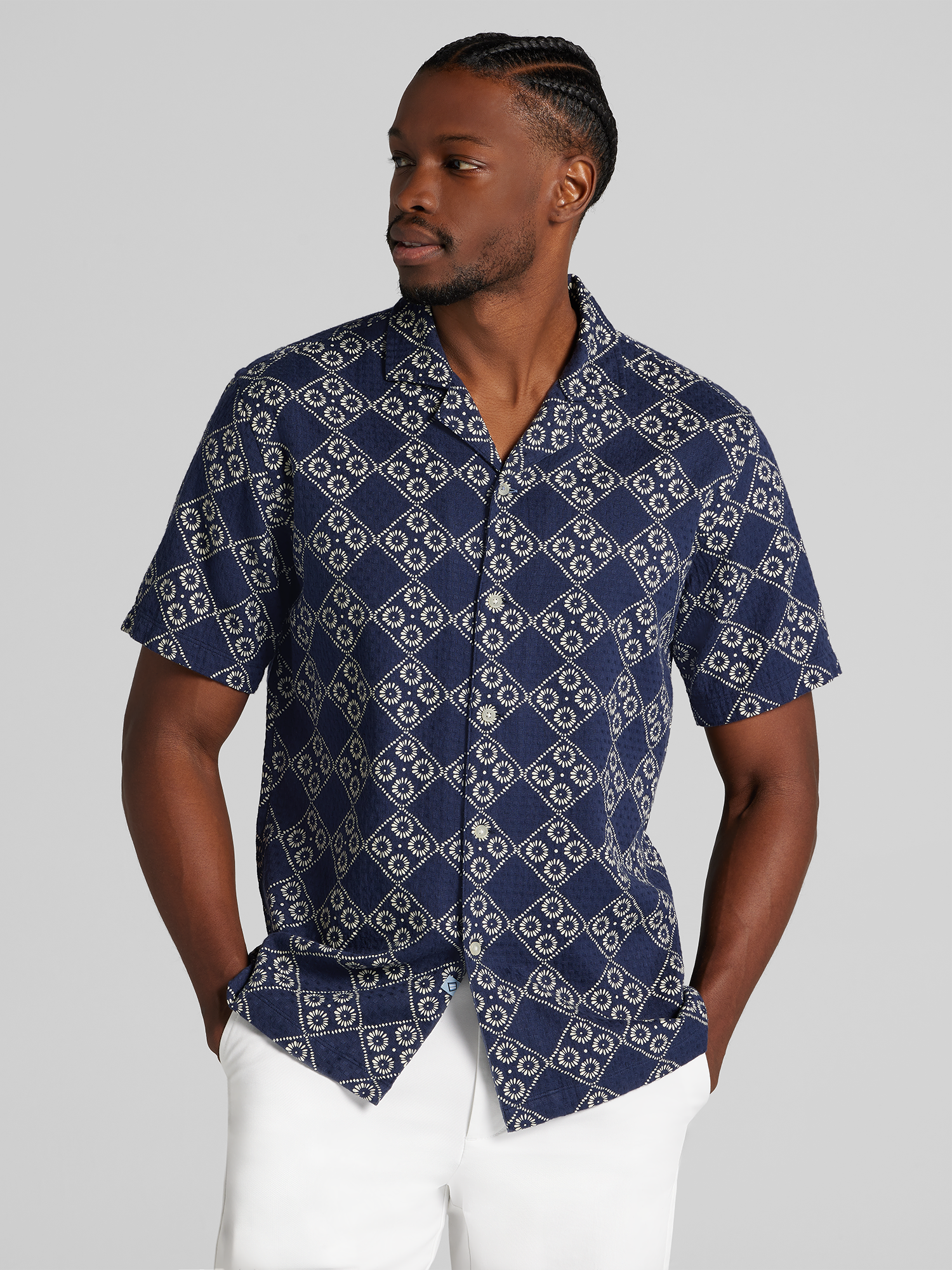 Joseph Abboud Modern Fit Short Sleeve Camp Shirt, Navy - Blue