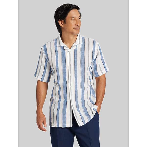 Joseph Abboud Men's Modern Fit Linen Blend Short Sleeve Camp Shirt White/Orange/Blue - Size: Large