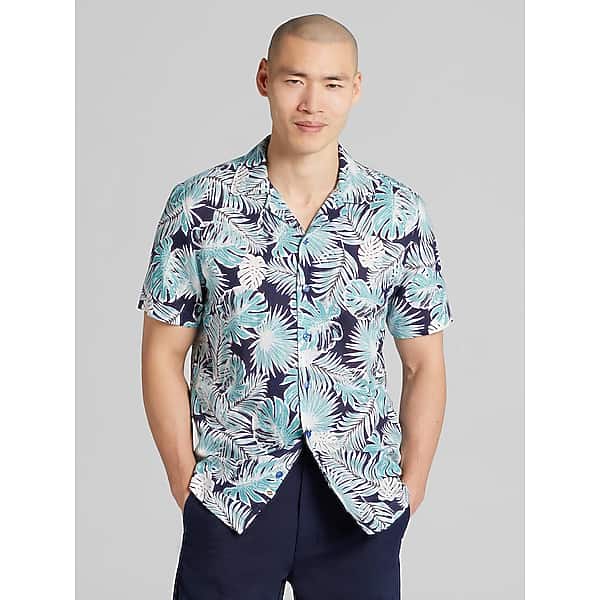Joseph Abboud Men's Modern Fit Linen Blend Short Sleeve Camp Shirt Med Blue - Size: Large