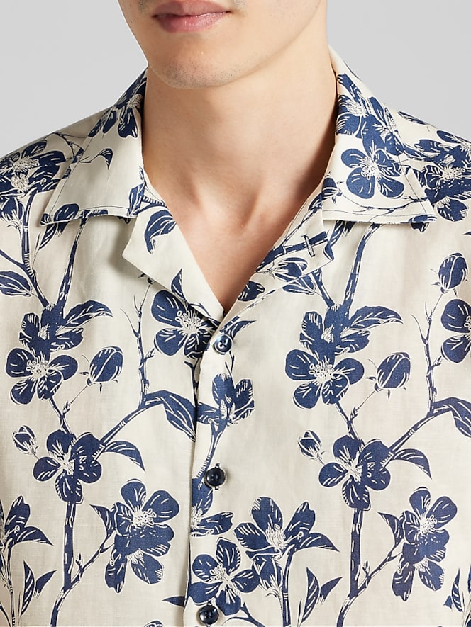 Joseph Abboud Modern Fit Linen Blend Short Sleeve Camp Shirt, Tan And Navy - Image 2 of 4