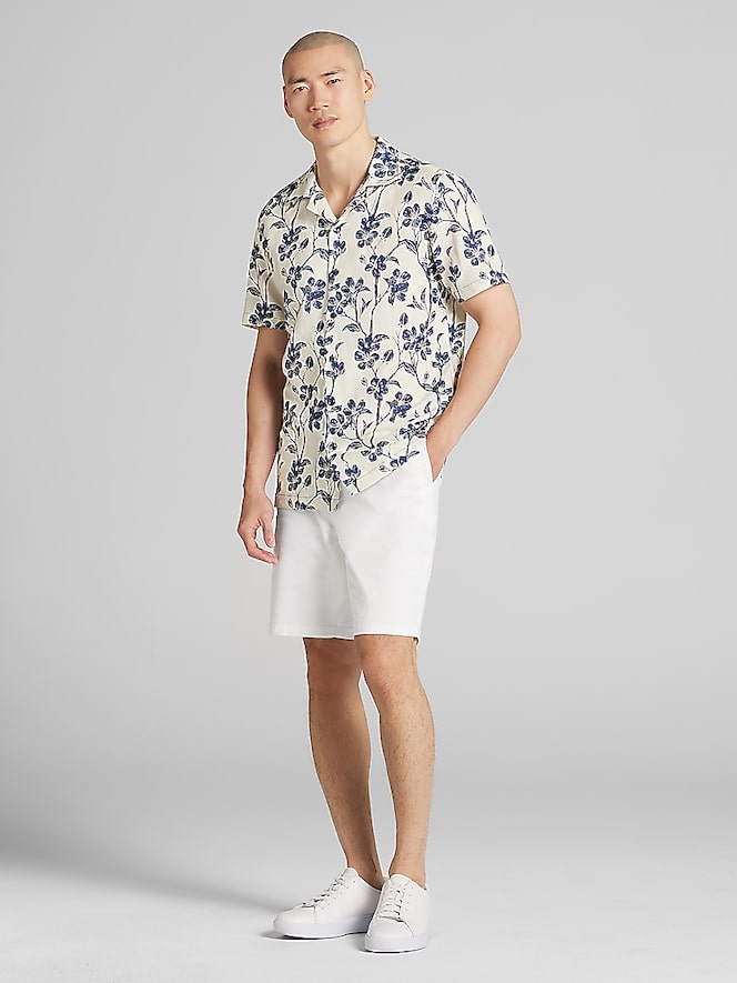 Joseph Abboud Modern Fit Linen Blend Short Sleeve Camp Shirt, Tan And Navy - Image 3 of 4