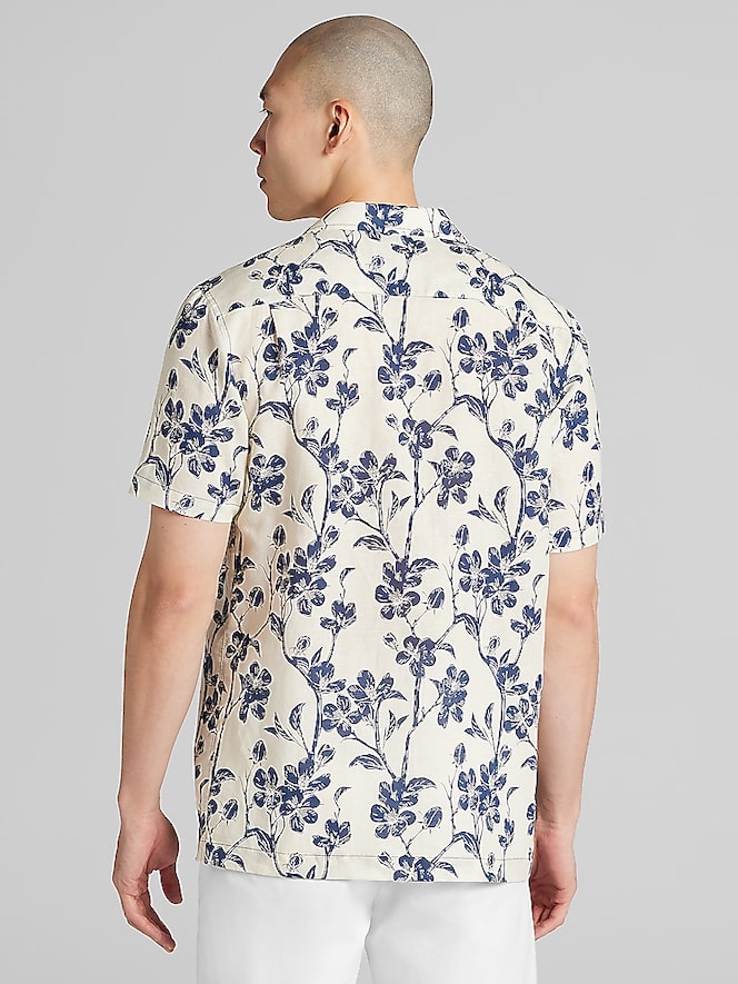 Joseph Abboud Modern Fit Linen Blend Short Sleeve Camp Shirt, Tan And Navy - Image 4 of 4