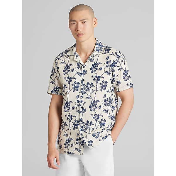 Joseph Abboud Men's Modern Fit Linen Blend Short Sleeve Camp Shirt Tan And Navy - Size: Large