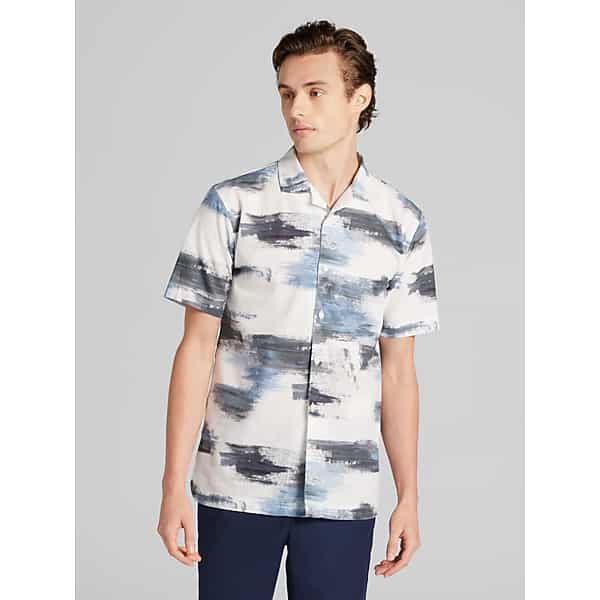 Awearness Kenneth Cole Men's CHILLFLEX Linen Blend Short Sleeve Camp Shirt White/Teal/Navy - Size: Large