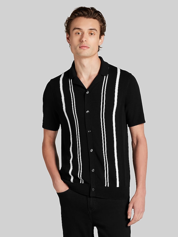 Awearness Kenneth Cole Short Sleeve Button Front Polo Sweater, Jet Black |  Camp Shirts | Men's Wearhouse
