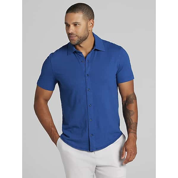 Joseph Abboud Big & Tall Men's Modern Fit Short Sleeve Knit Button Up Shirt Navy Peony - Size: 3XLT