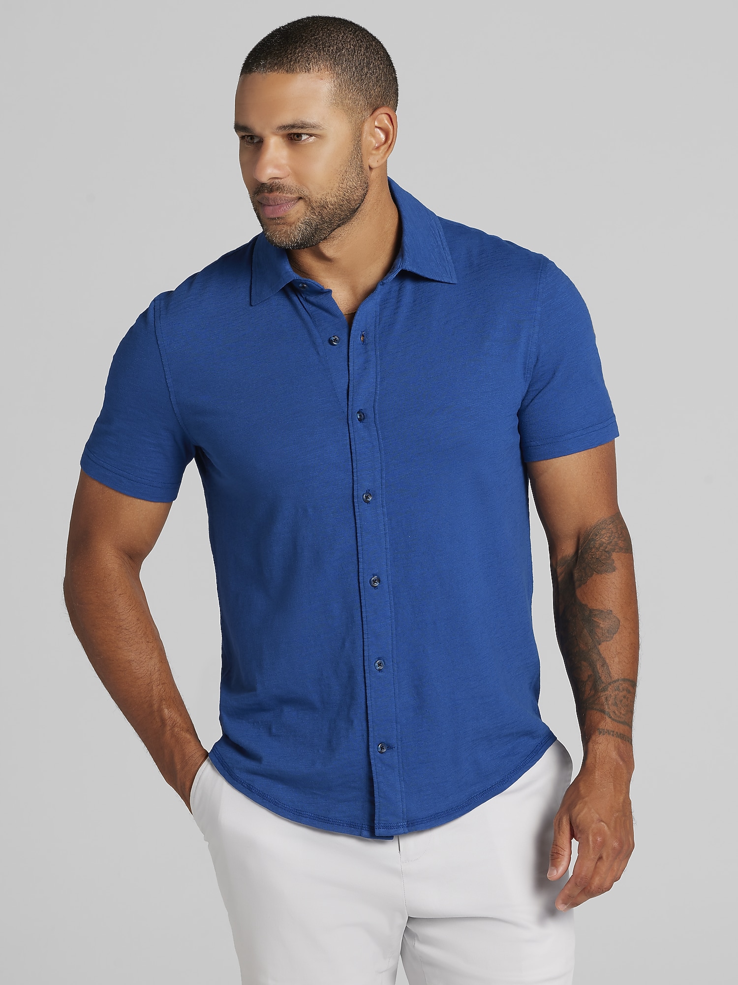 Joseph Modern Fit Short Sleeve Knit Button Up Shirt (Navy Peony, Large)