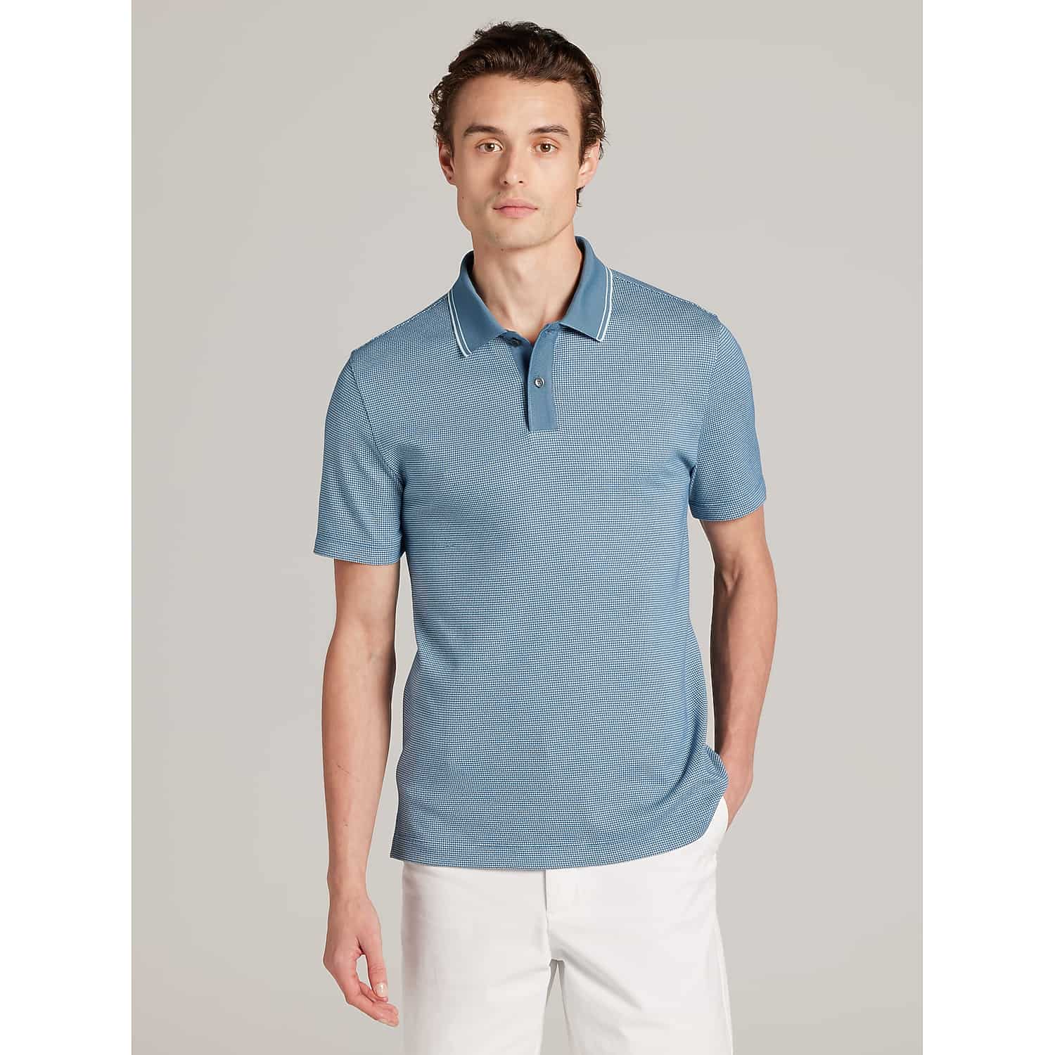 Awearness Kenneth Cole Grid Jacquard Polo Shirt in Oceanview Blue – Men’s Slim Fit Short Sleeve Knit Golf Polo, Size Small