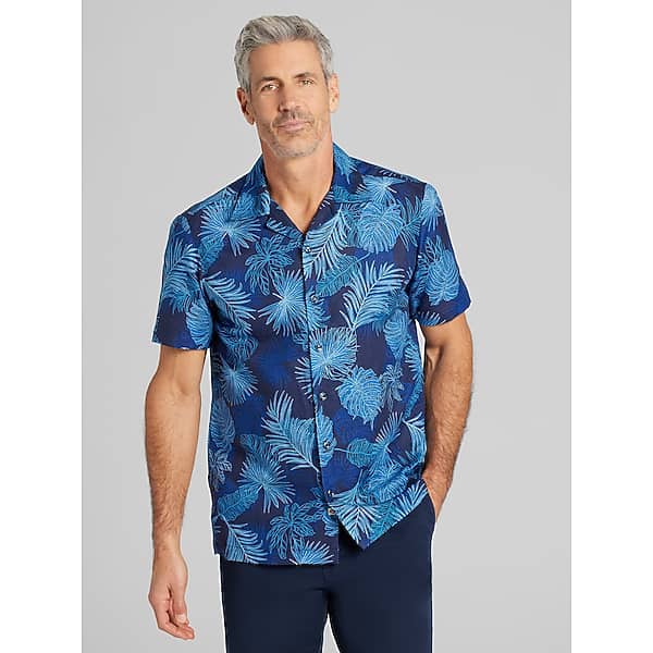 Joseph Abboud Men's Modern Fit 100% Linen Short Sleeve Camp Shirt Navy And Black - Size: Small