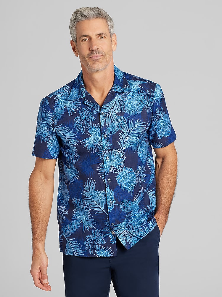Joseph Abboud Modern Fit 100% Linen Short Sleeve Camp Shirt, Navy