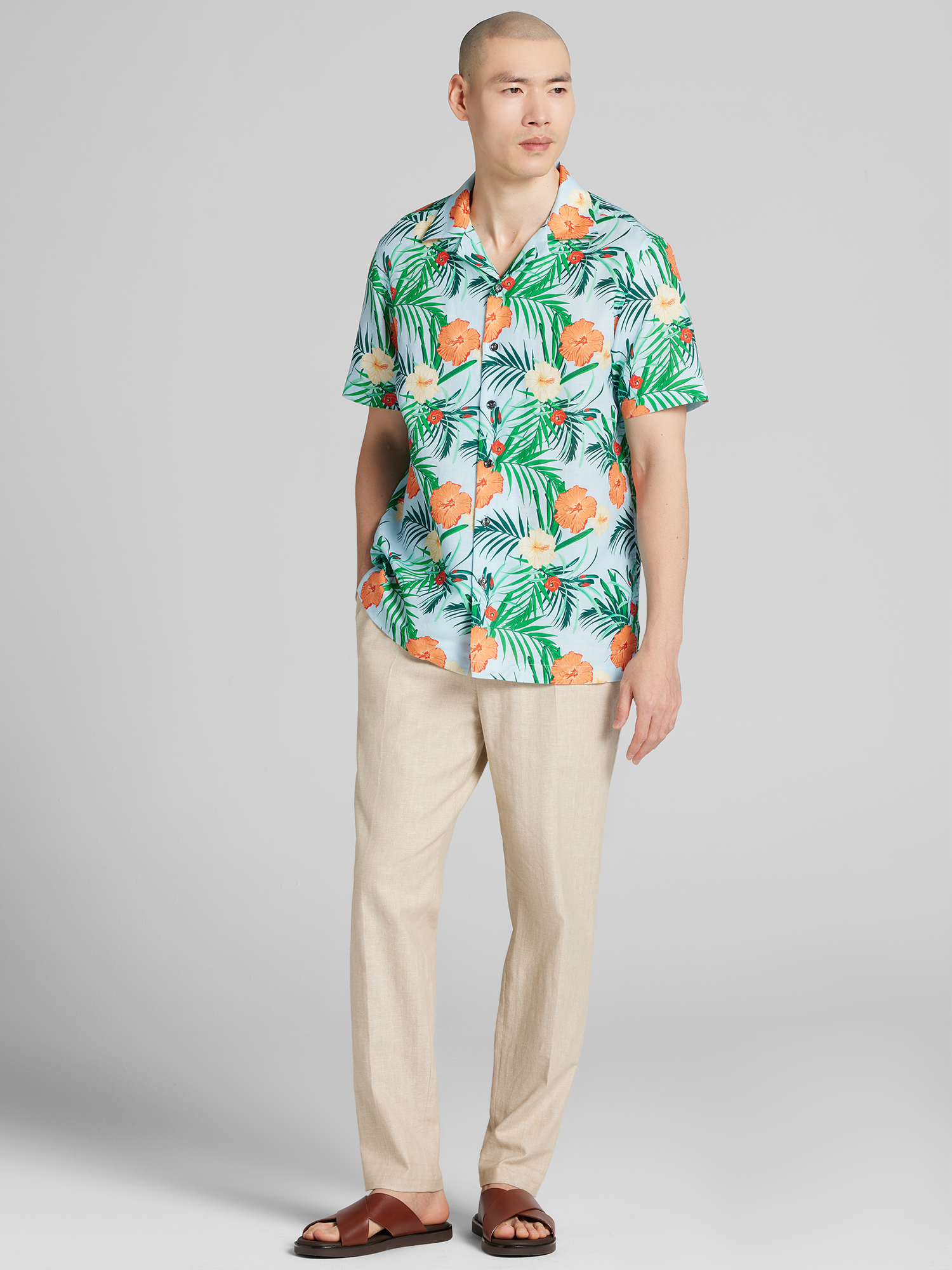 Modern Fit Tropical Hibiscus and Palm Camp Shirt