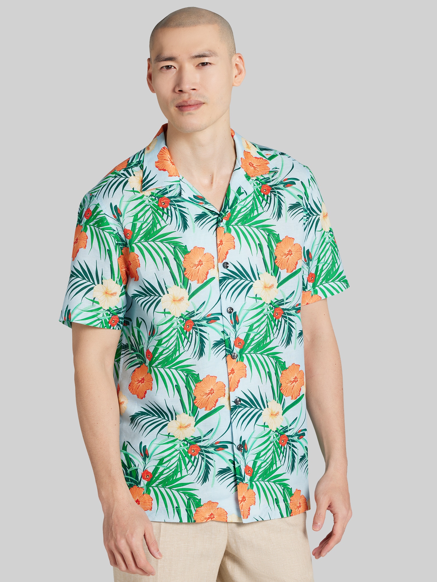 Modern Fit Tropical Hibiscus and Palm Camp Shirt